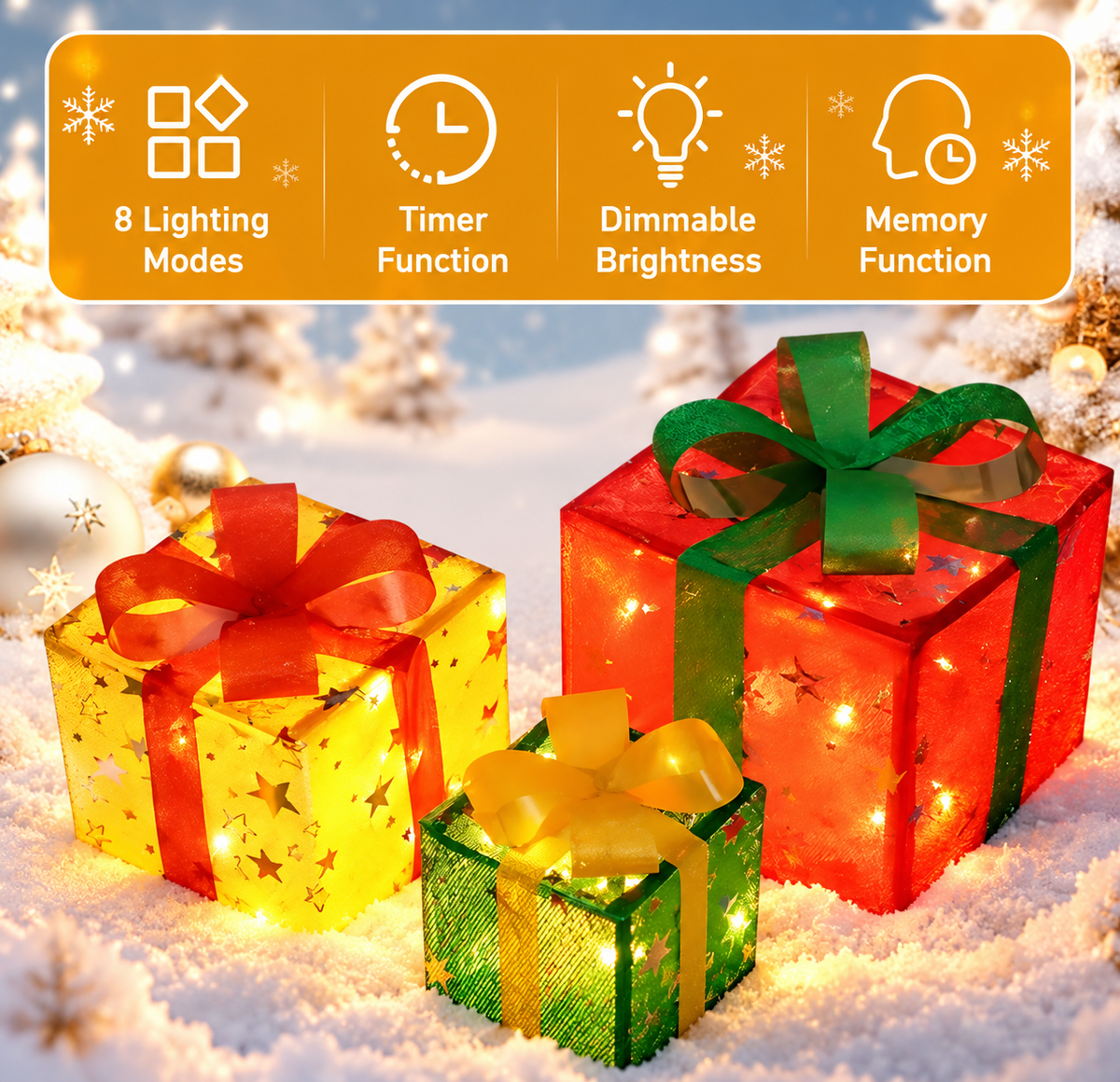 Verlichte Kerstcadeaudozen – Set van 3 | Afstandsbediening & 8 Lichtstanden - productafbeelding 4