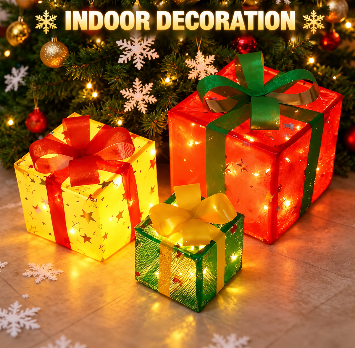Verlichte Kerstcadeaudozen – Set van 3 | Afstandsbediening & 8 Lichtstanden - productafbeelding 1