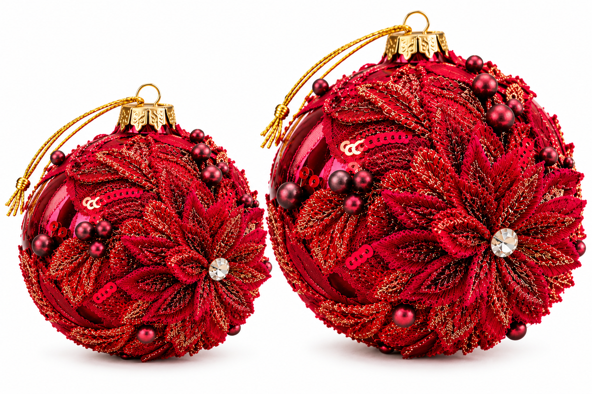 Luxe Rode Kerstballen met Bloemendecoratie – Set van 2 | 6 & 8 cm - productafbeelding 4