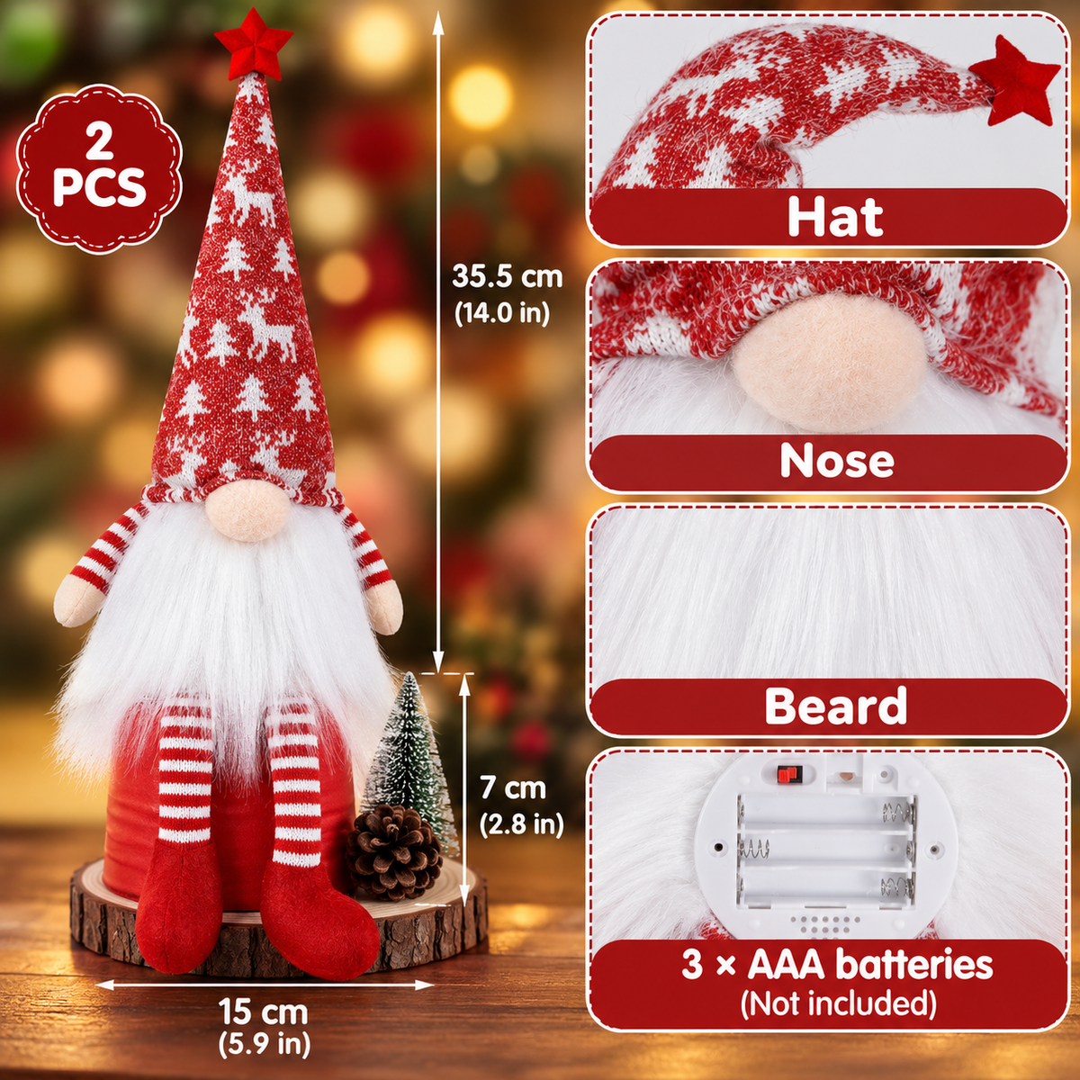 Verlichte Kerstkabouters – Set van 2 | Rood & Grijs – ca. 50 cm - productafbeelding 7