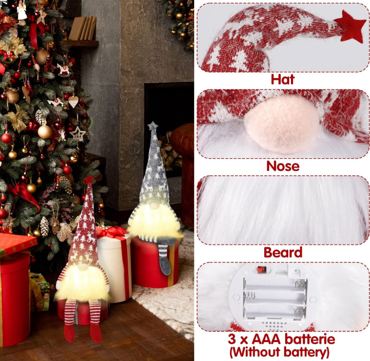 Verlichte Kerstkabouters – Set van 2 | Rood & Grijs – ca. 50 cm - productafbeelding 6