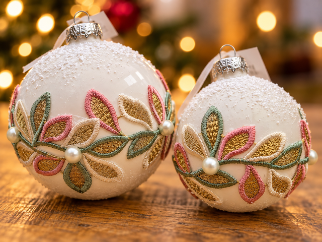 Decoratieve Kerstballen met Bladmotief – Set van 2 | 6 & 8 cm