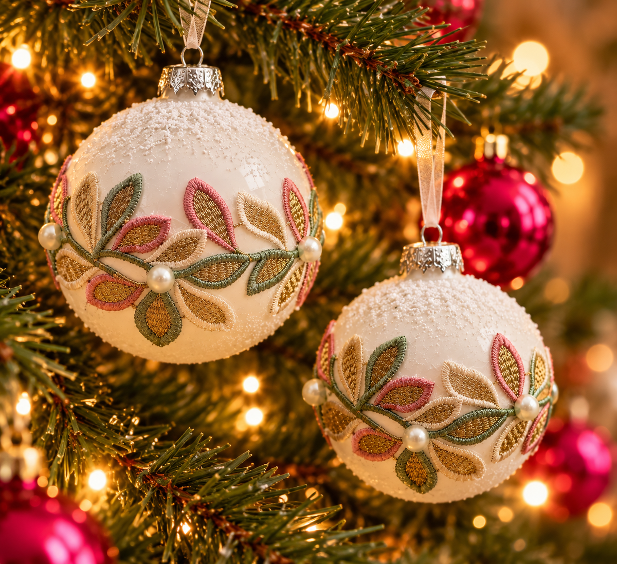 Decoratieve Kerstballen met Bladmotief – Set van 2 | 6 & 8 cm - productafbeelding 2