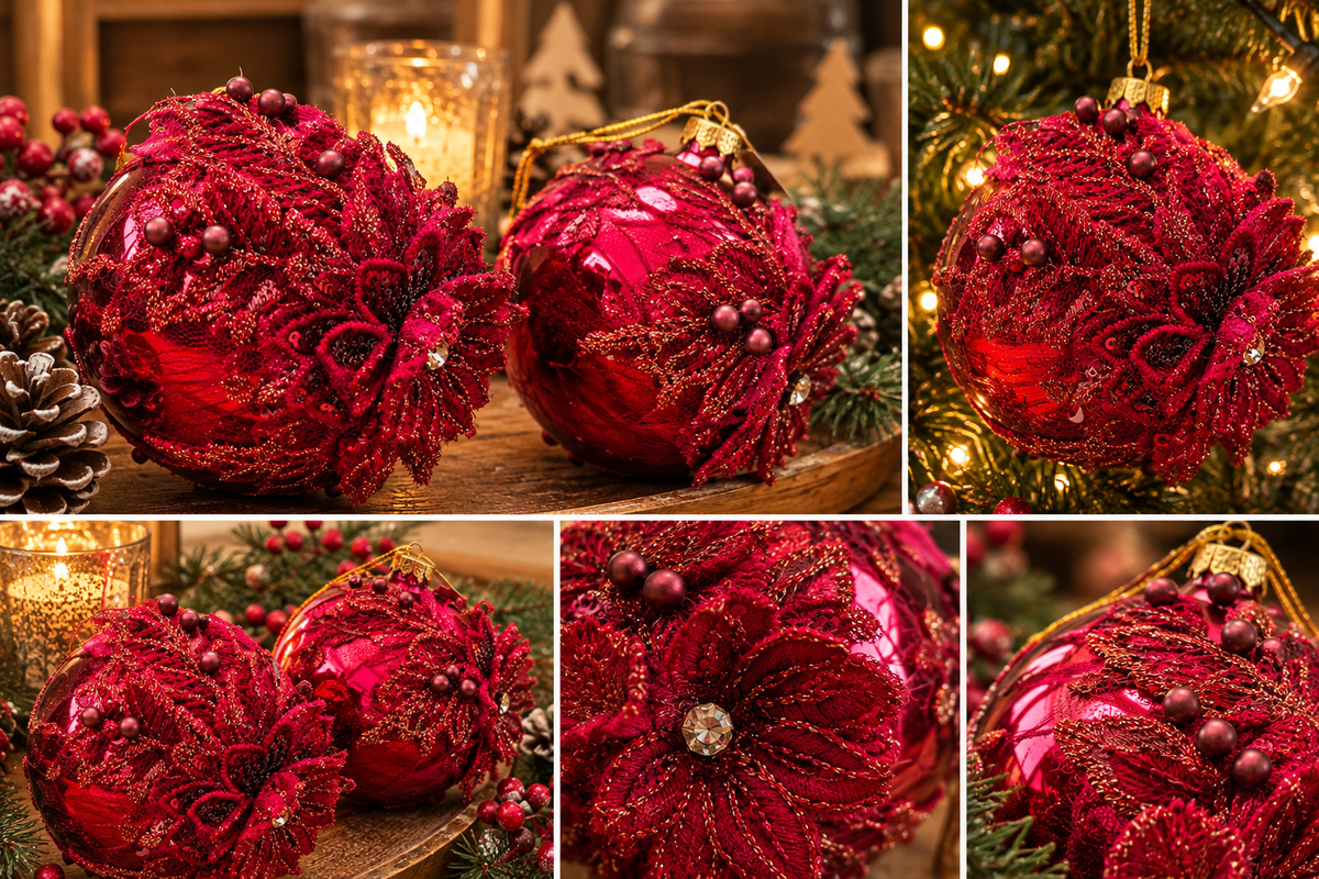 Luxe Rode Kerstballen met Bloemendecoratie – Set van 2 | 6 & 8 cm - productafbeelding 2