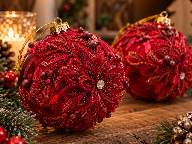 Luxe Rode Kerstballen met Bloemendecoratie – Set van 2 | 6 & 8 cm