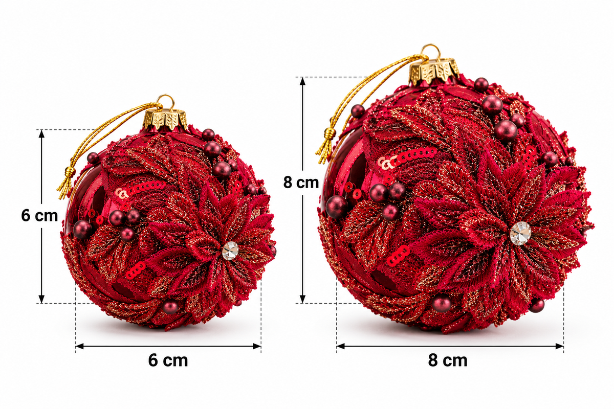 Luxe Rode Kerstballen met Bloemendecoratie – Set van 2 | 6 & 8 cm - productafbeelding 5